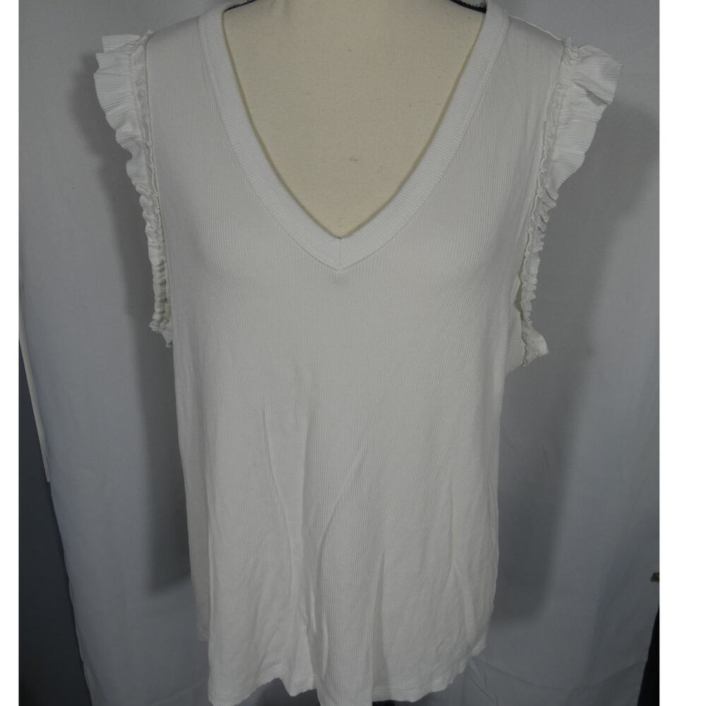Nine West Women's XL Cream Sleeveless Ruffle V-Neckline Stretchy Casual Festival